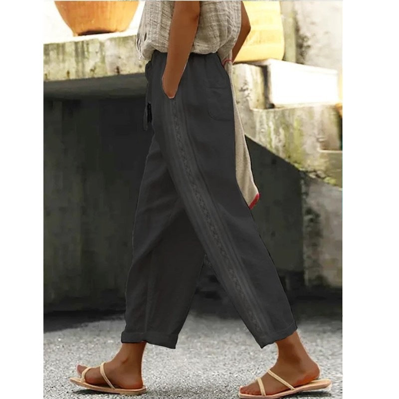 Women's Cotton Straight Leg Pants with Side Crochet Detail