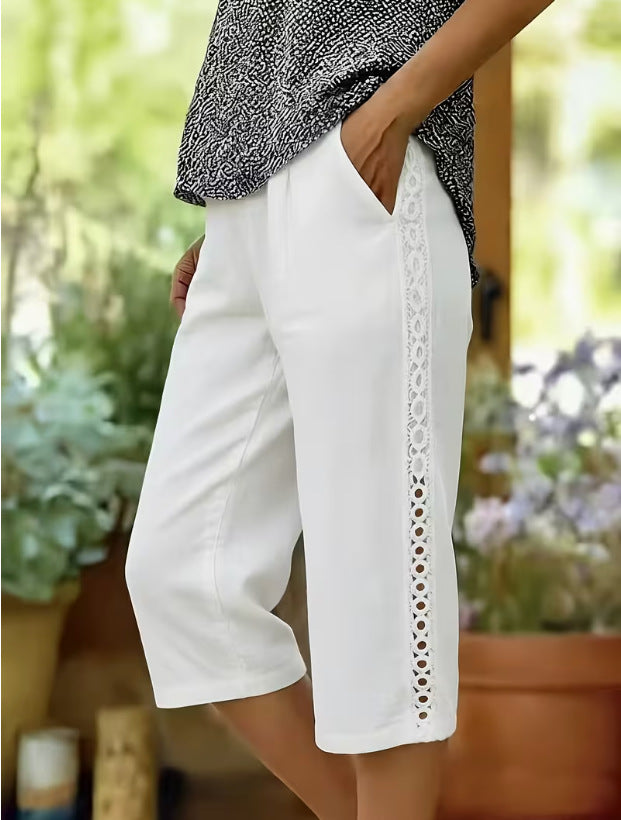 Lace Trim Linen Look Capri Pants Wide Leg Pocket