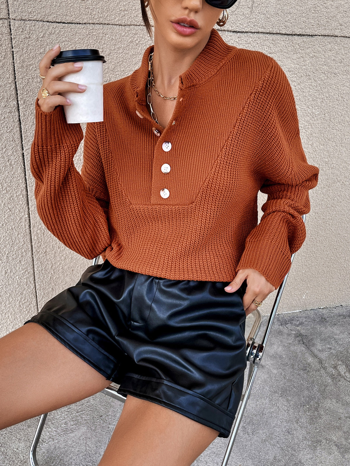 Women's Long Sleeve Polo Collar Button Knit Sweater