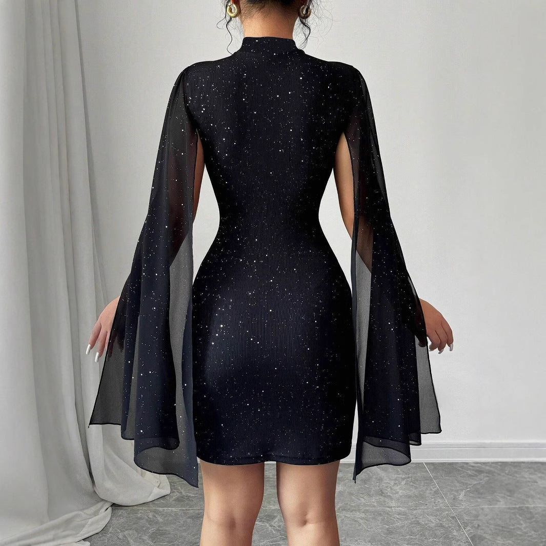 Black Sparkly Cape Sleeve Bodycon Mini Dress