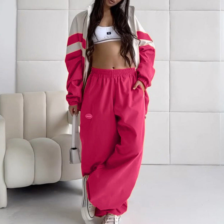 Color Block Oversized Track Jacket Pants Two Piece Set