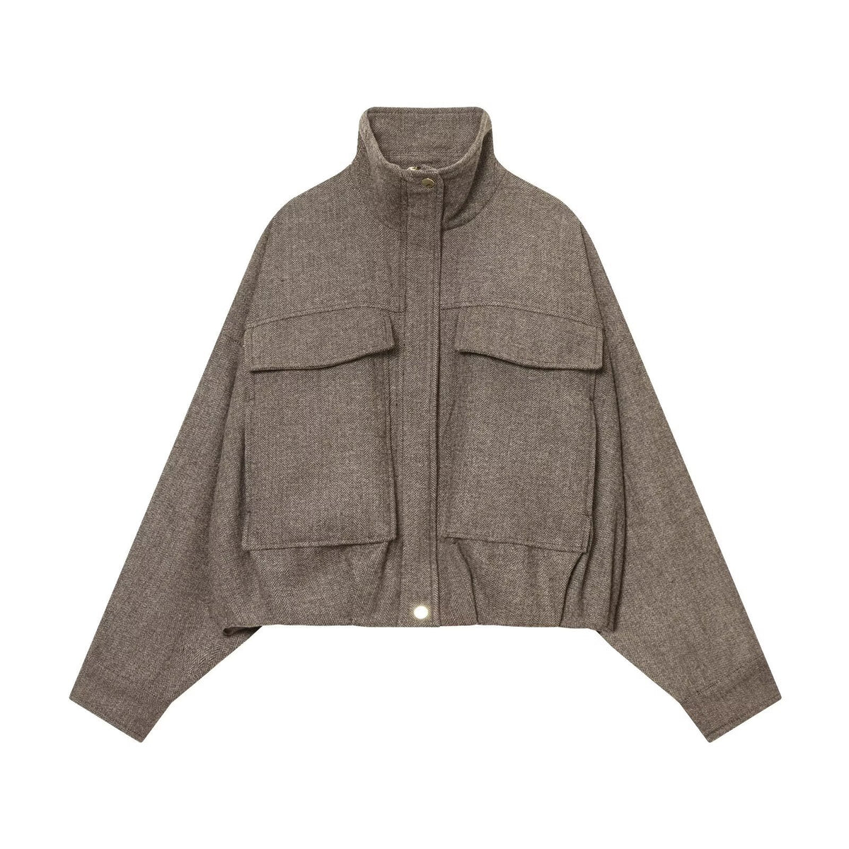 Women's Oversized Herringbone Bomber Jacket Pockets