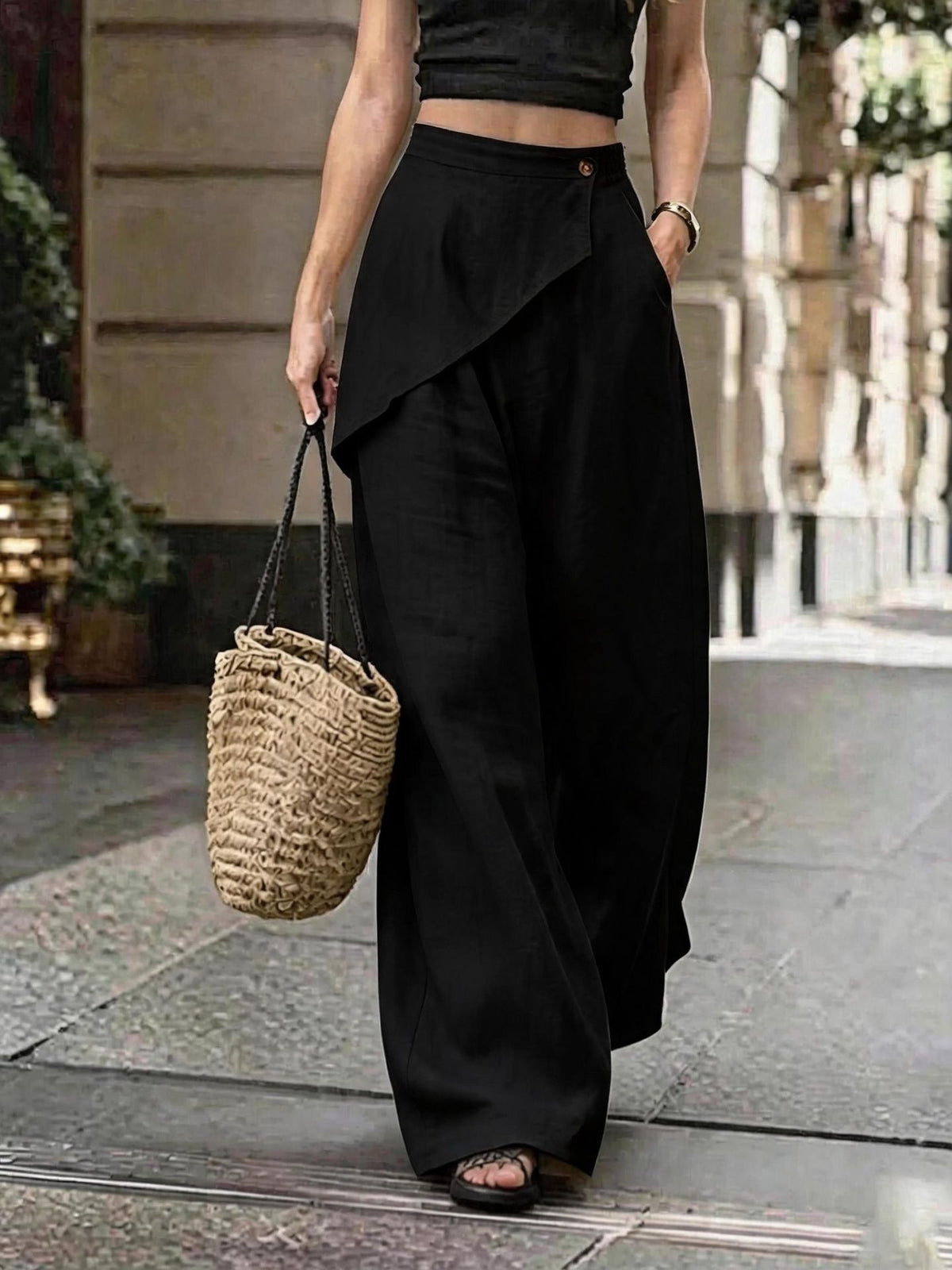 Faux Linen Wide Leg Pants Asymmetric Elastic Waist