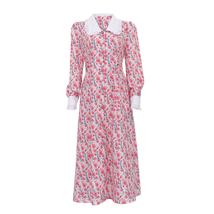 Floral Maxi Dress Long Sleeve Peter Pan Collar Button Front