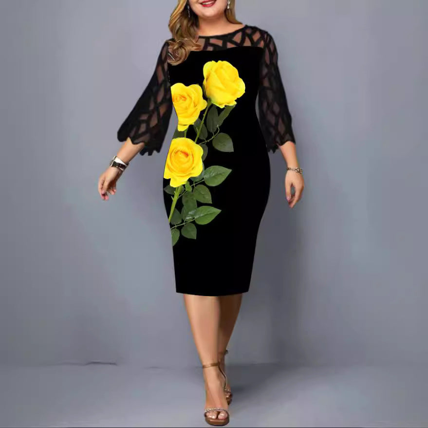 Plus Size Floral Lace Sleeve Bodycon Midi Dress