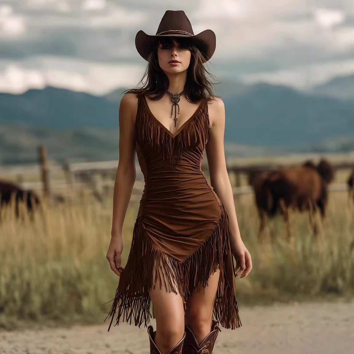 Sexy Cowgirl Fringe Mini Dress Deep V Neck Bodycon