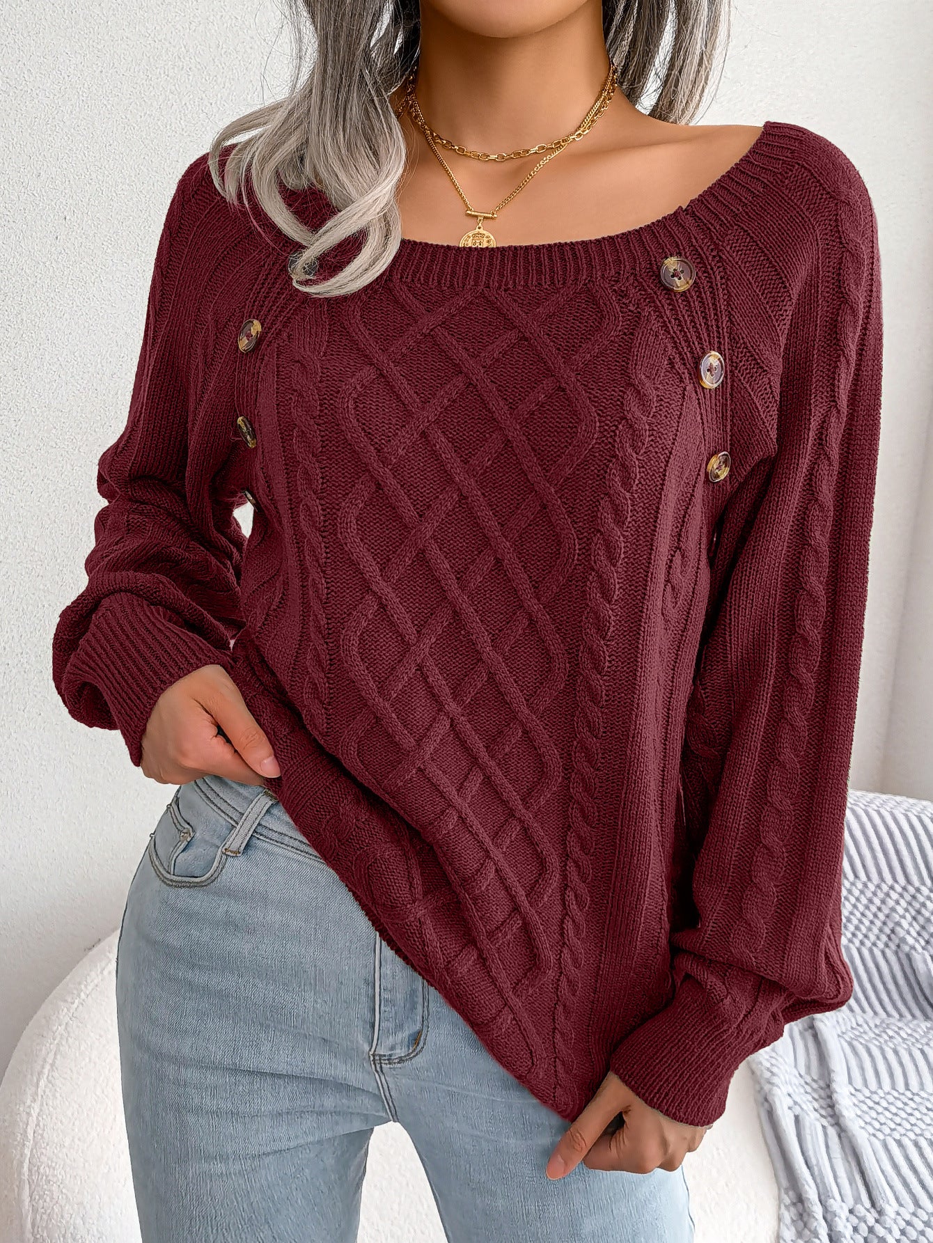 2025 Fall Winter Casual Square Neck Button Detail Cable Knit Sweater