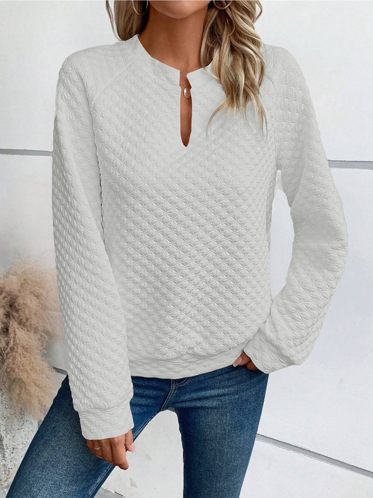 Women's Quilted V-Neck Sweatshirt Long Sleeve Pullover
