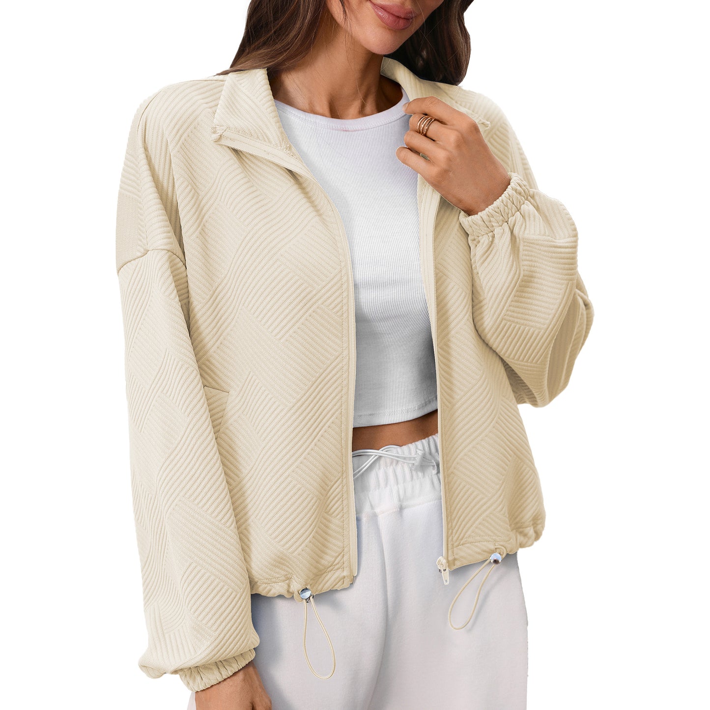 Quilted Zip Sweatshirt Drawstring Cropped Jacket