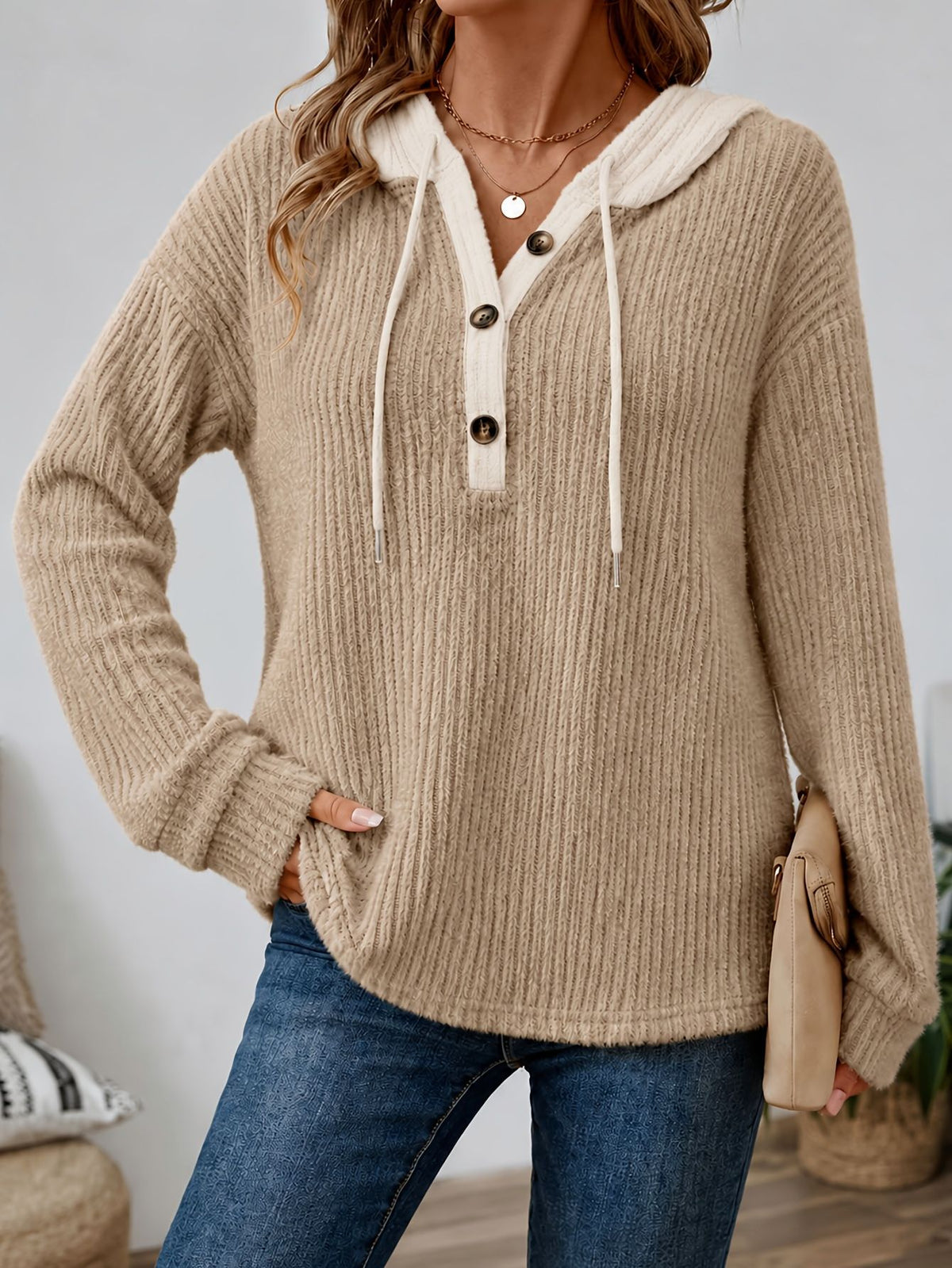 Women's Henley Hoodie V Neck Button Drawstring Top