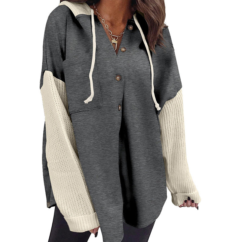 2025 Fall/Winter Colorblock Knit Sleeve Hoodie – Casual Button Down Top