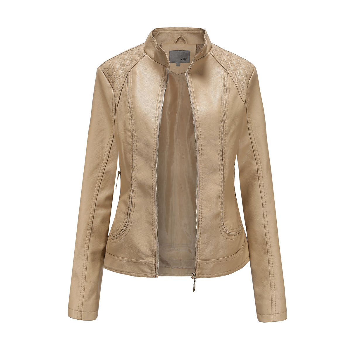 Womens Faux Leather Moto Jacket Zip Up Quilted
