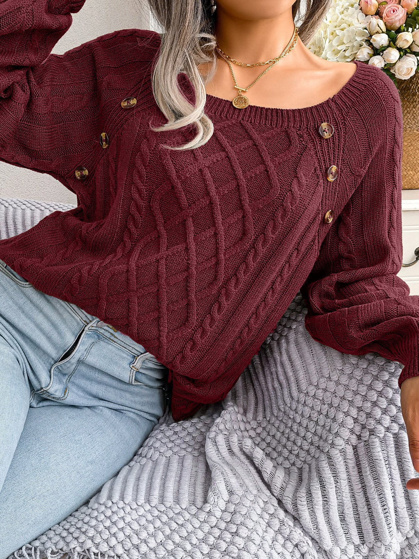 2025 Fall Winter Casual Square Neck Button Detail Cable Knit Sweater