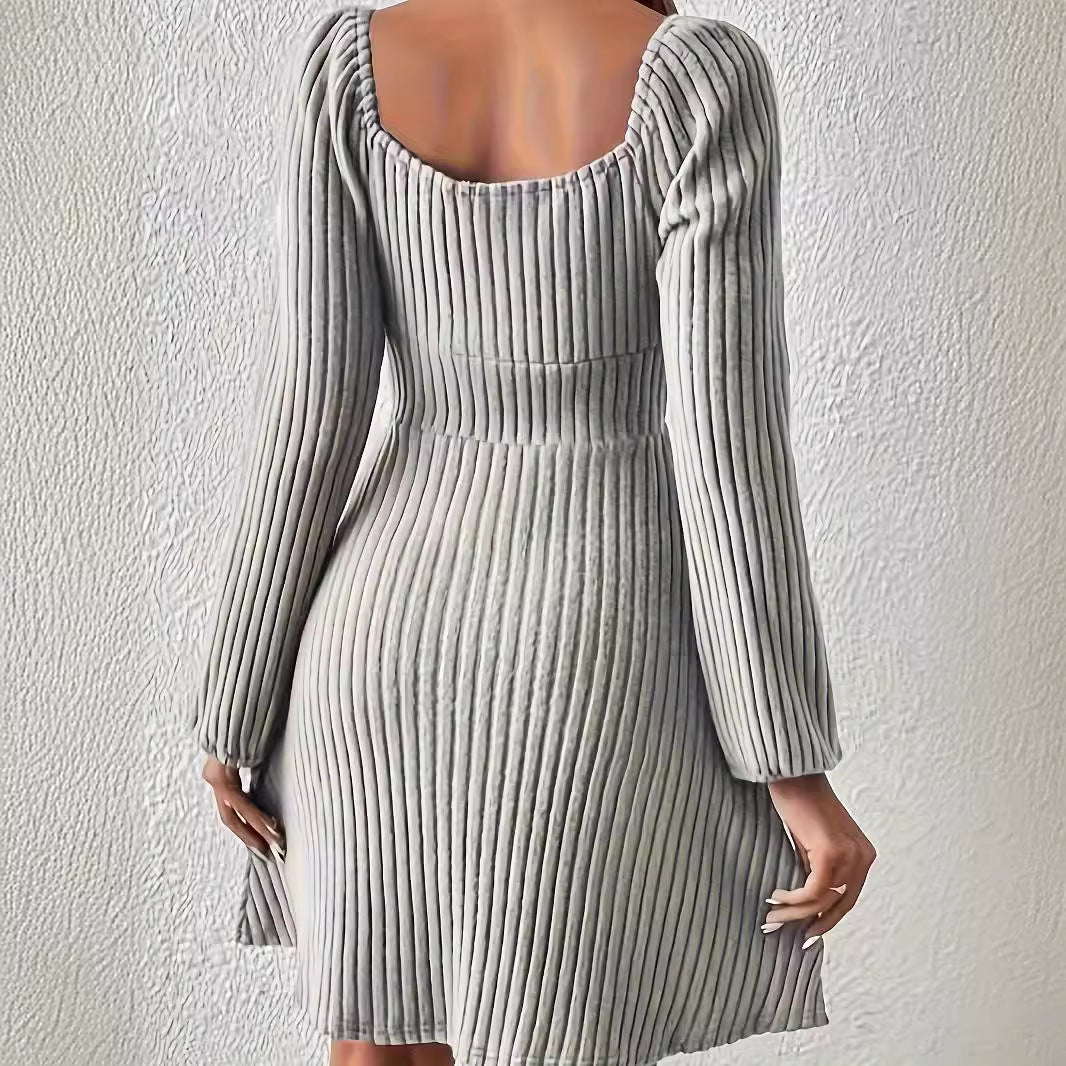 Square Neck Tie Front Long Sleeve Ribbed Midi Dress