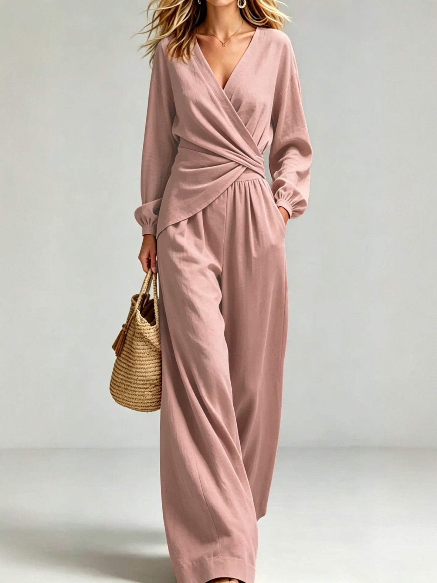 V Neck Wrap Top Wide Leg Pants Two Piece Set