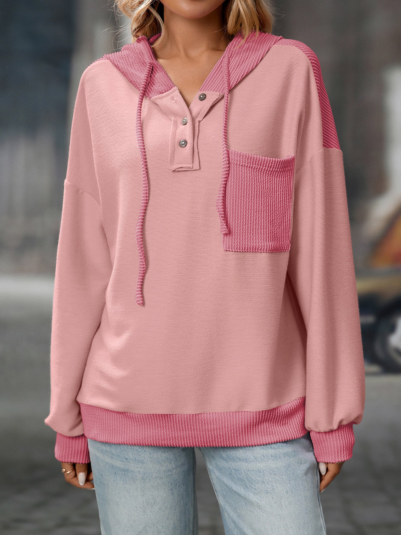 2025 Fall/Winter Colorblock Knit Trim Hoodie – Casual Pullover Sweatshirt