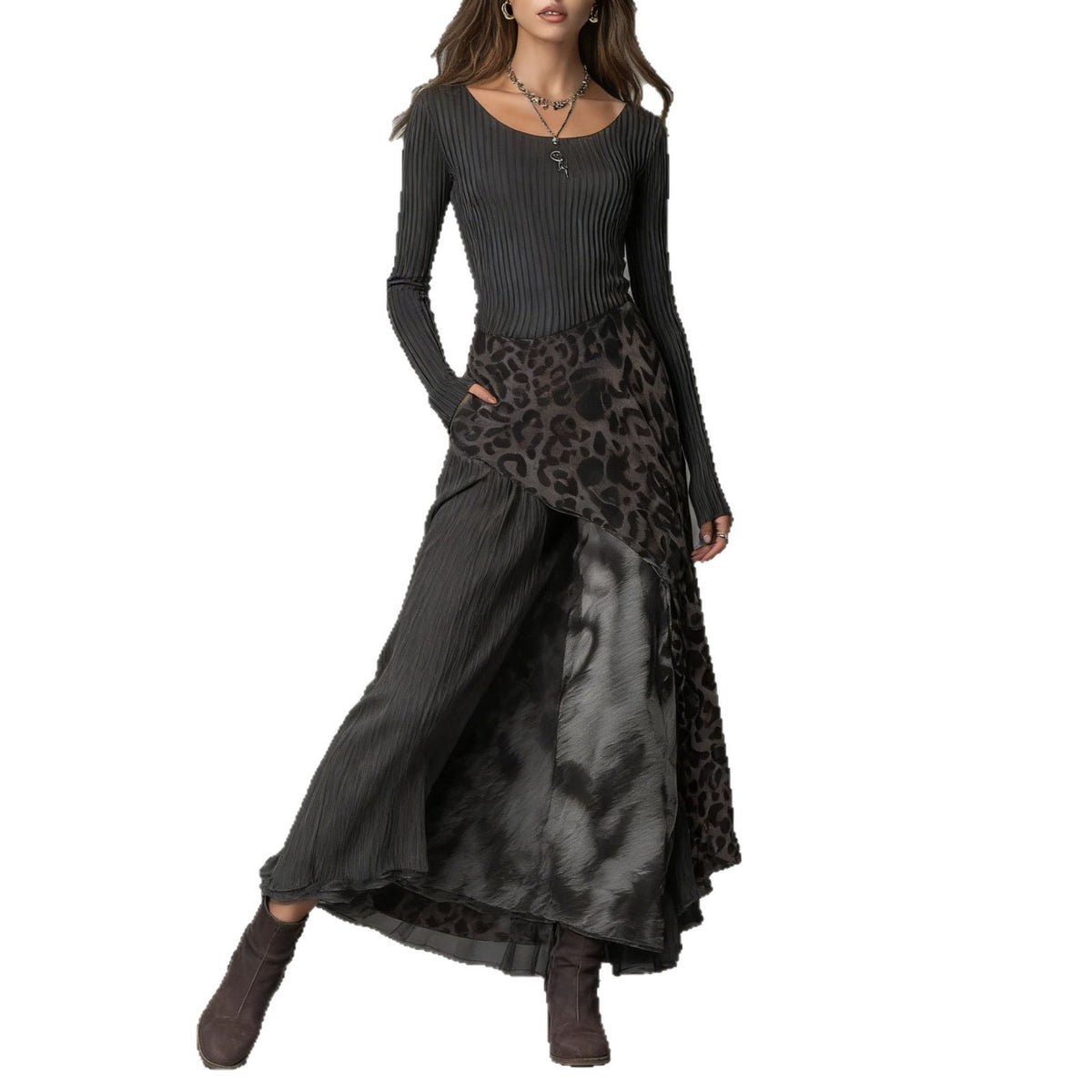 Leopard Long Sleeve Asymmetrical High Waist Maxi Dress