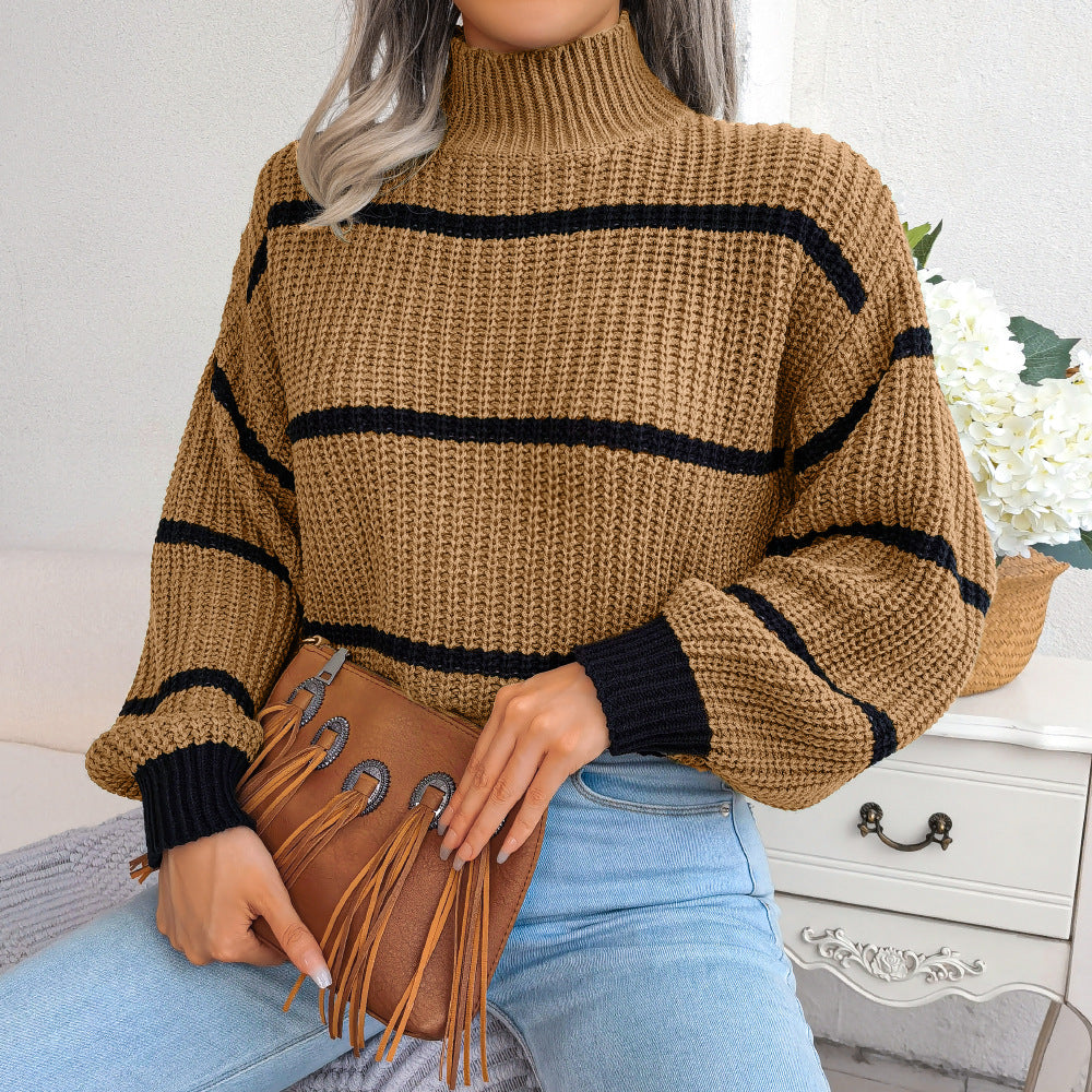 2025 Fall/Winter Casual Striped Lantern Sleeve Knit Sweater