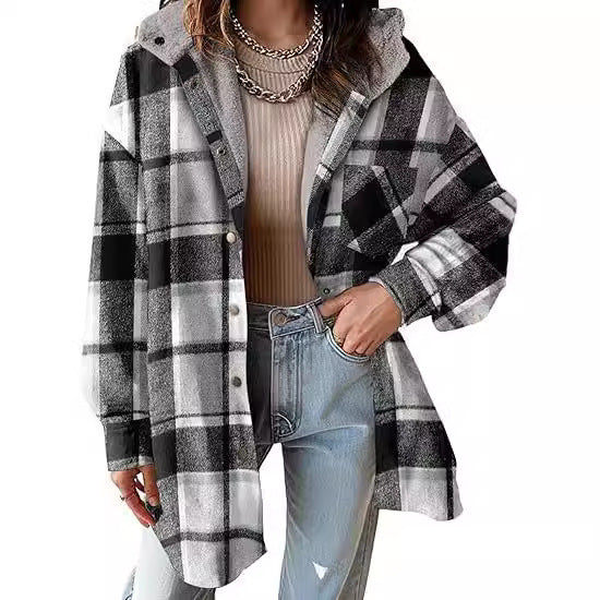 Women's Plaid Flannel Hooded Shacket Jacket