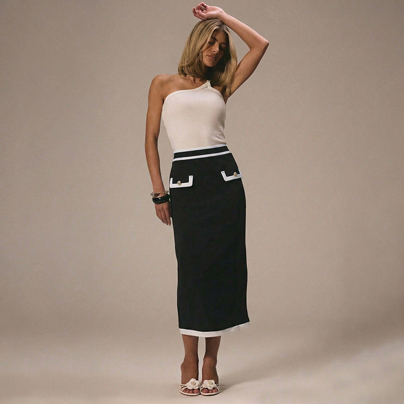 High-Waist Colorblock Pencil Skirt Elegant Commuter Midi