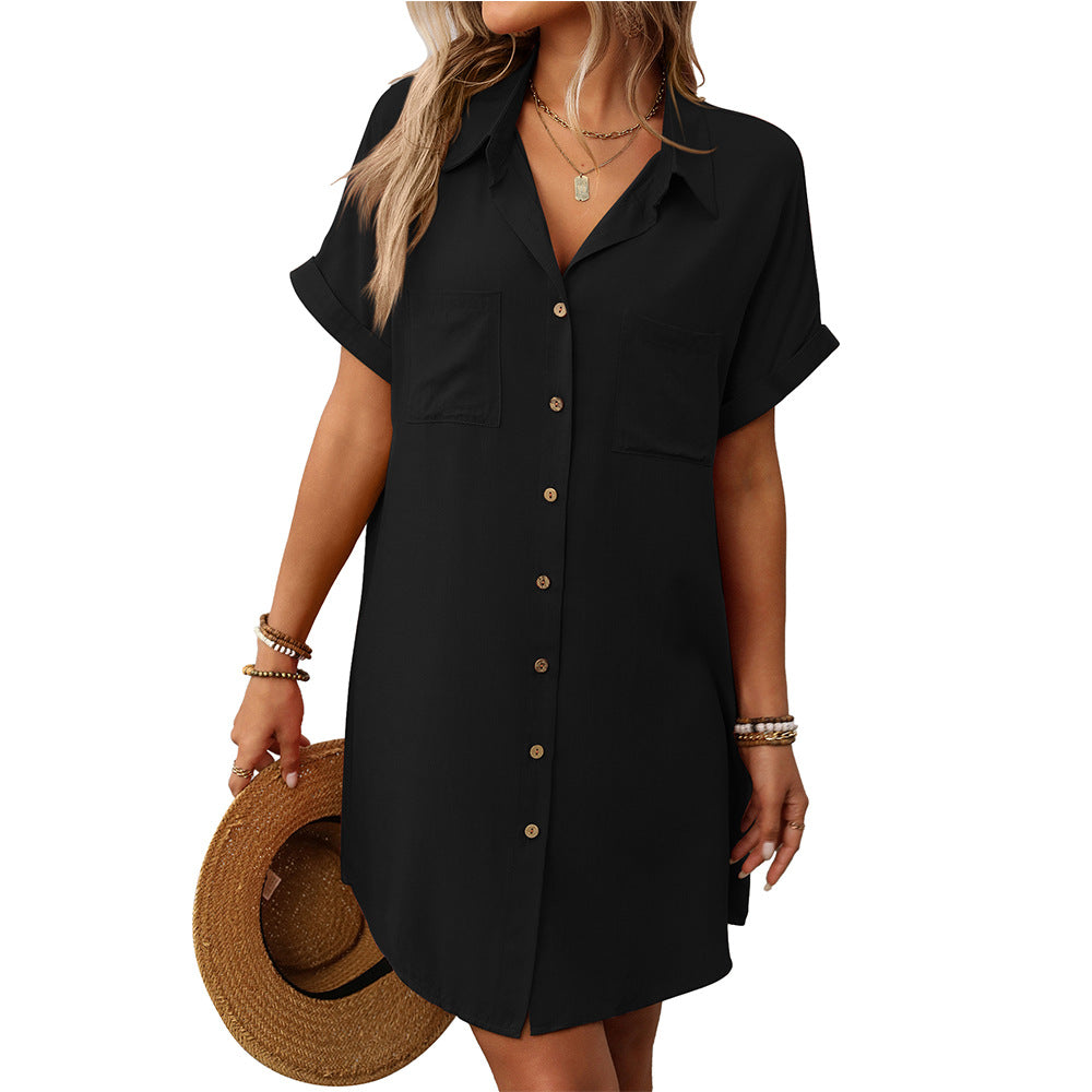 Striped Short Sleeve Shirt Dress Casual Summer Style