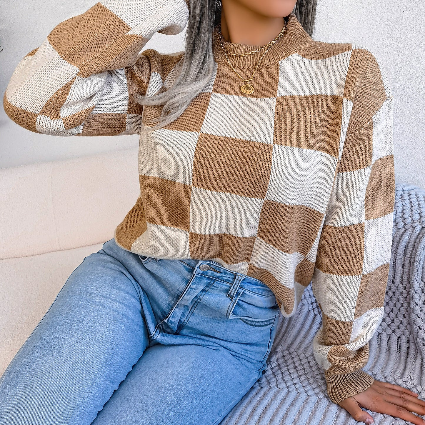2025 Fall/Winter Colorblock Checkered Knit Sweater - Street Style