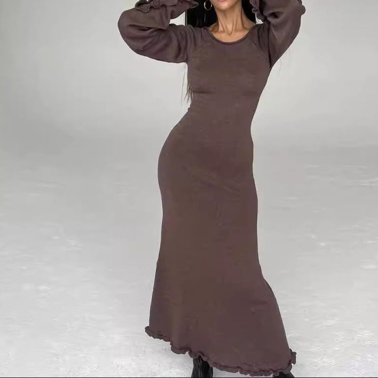 Backless Tie Back Knit Maxi Dress Long Ruffle Sleeve