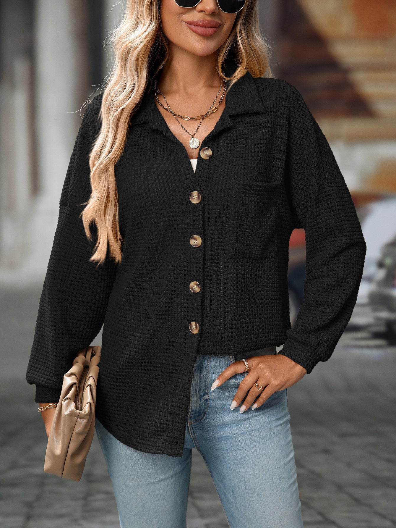 2025 Fall/Winter Casual Waffle Knit Shirt – Loose Fit Commuter Top