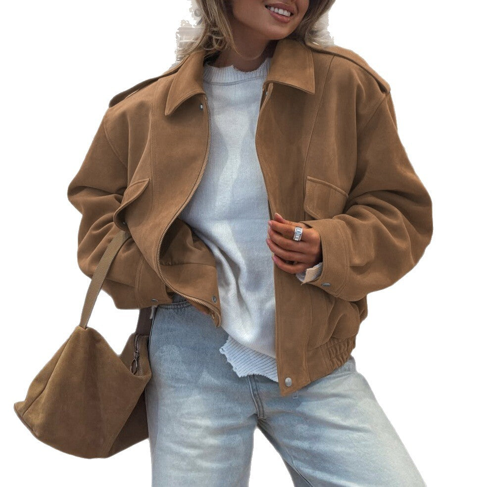Women's Oversized Suede Cropped Jacket Zip Up Collared