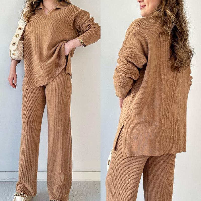 Ribbed Knit Side Slit Lounge Set Wide Leg Pants