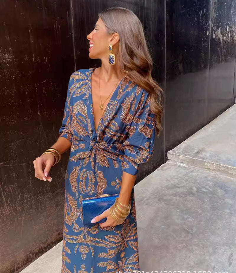 Women's V-Neck Paisley Midi Dress Long Sleeve Boho