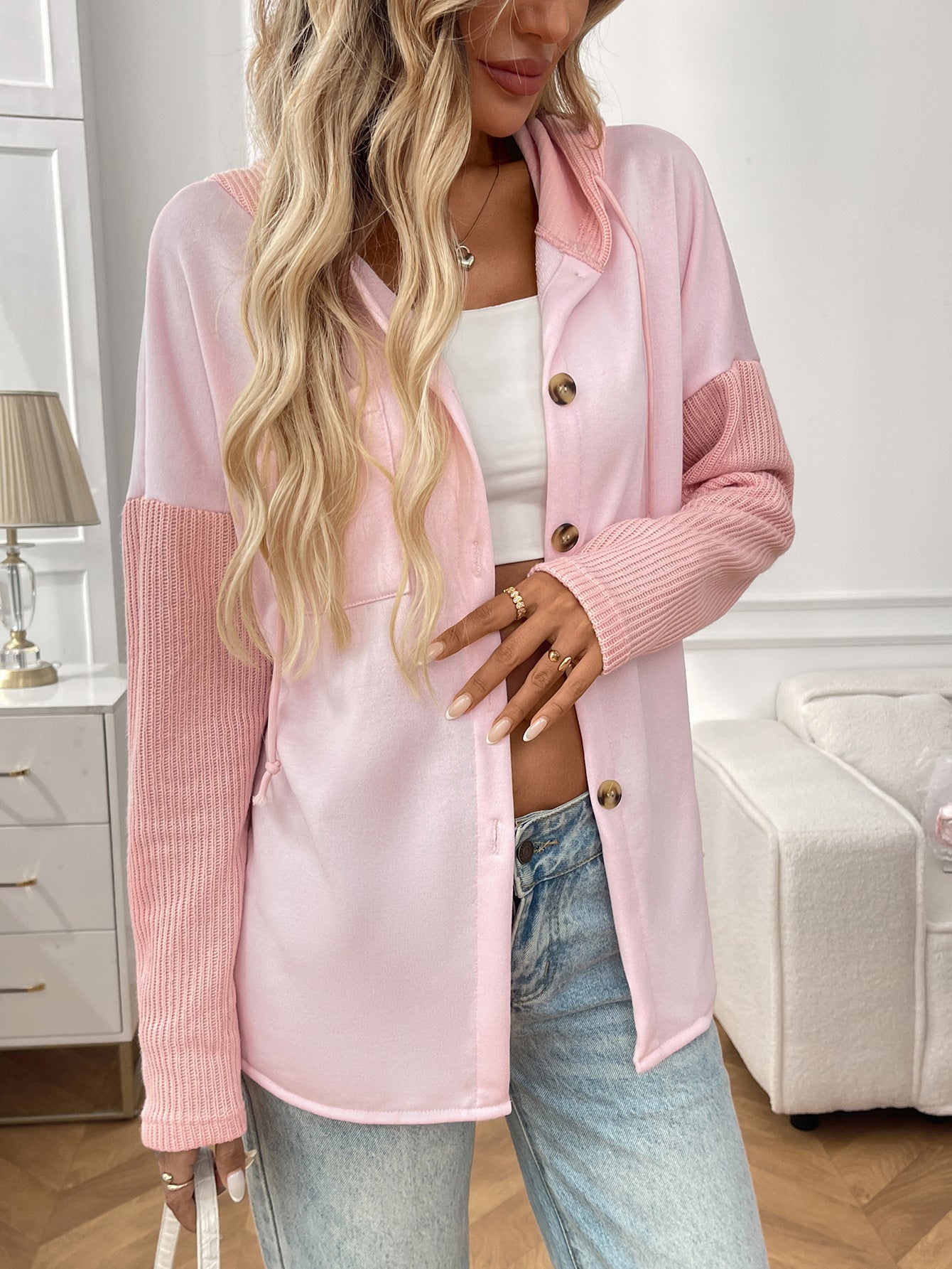 2025 Fall/Winter Colorblock Knit Sleeve Hoodie – Casual Button Down Top