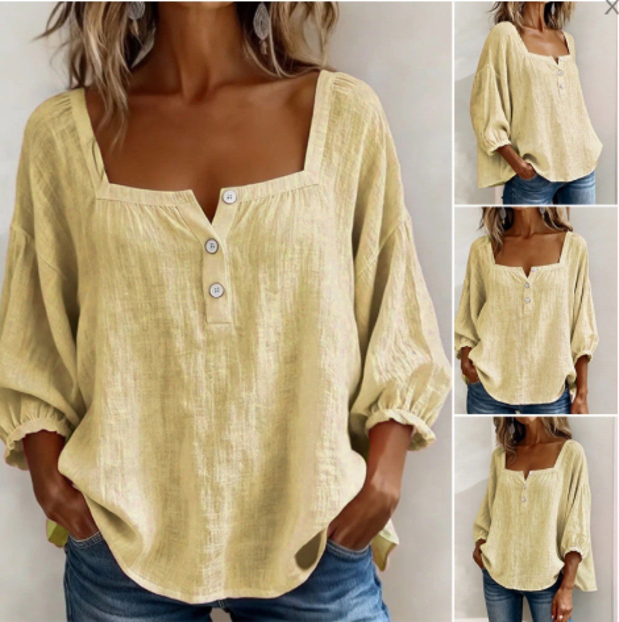 Women's Square Neck Puff Sleeve Button Loose Blouse Top