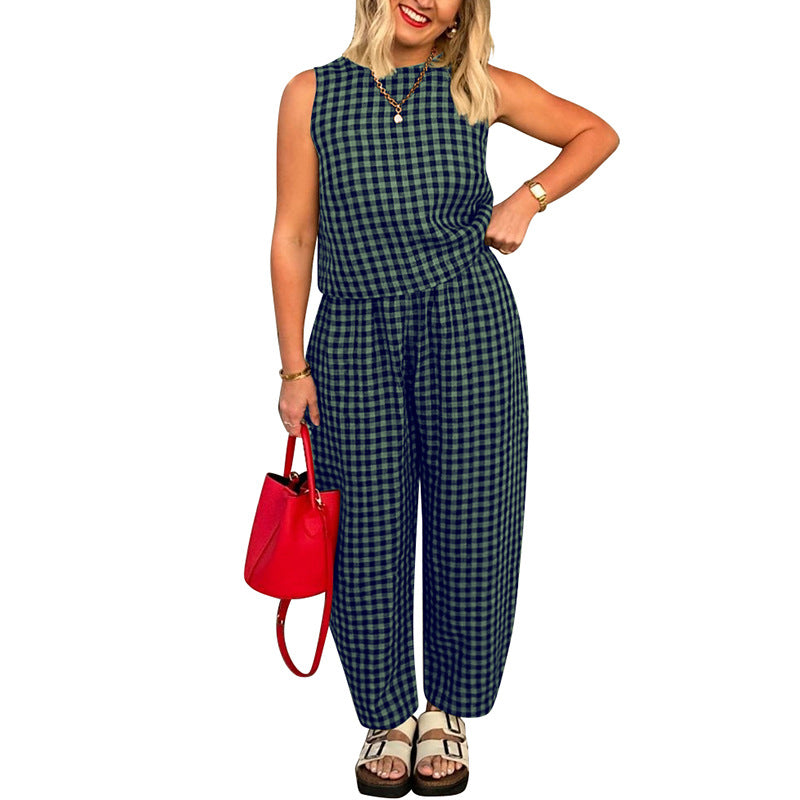 Plaid Sleeveless Top and Pants Set Casual Lounge Set