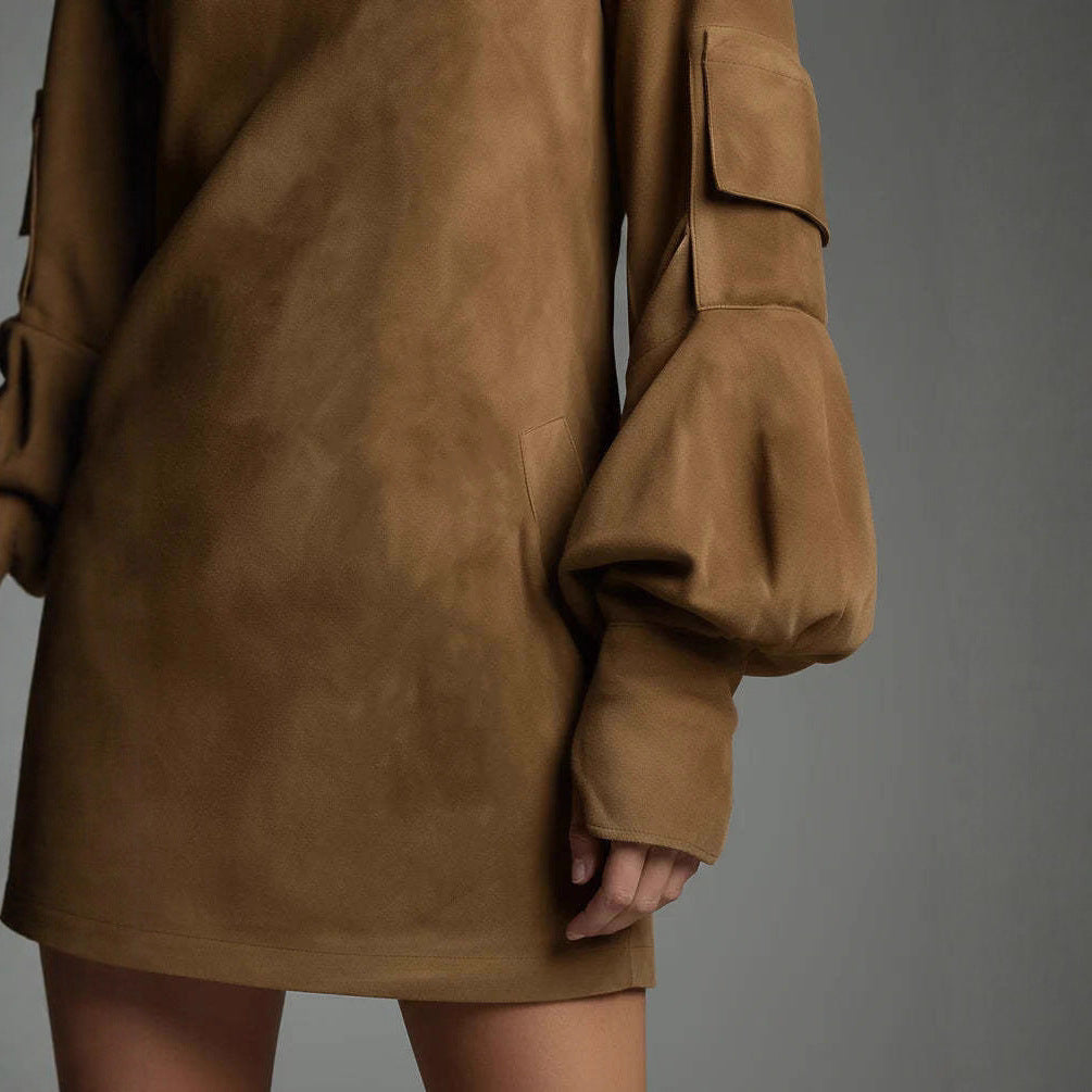 Women's Vintage Suede Mock Neck Long Sleeve A-Line Dress