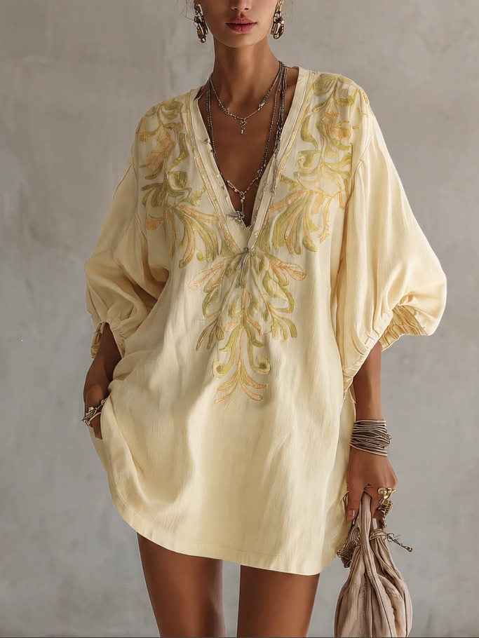 Women's Boho Deep V-Neck Floral Mini Dress with Pockets