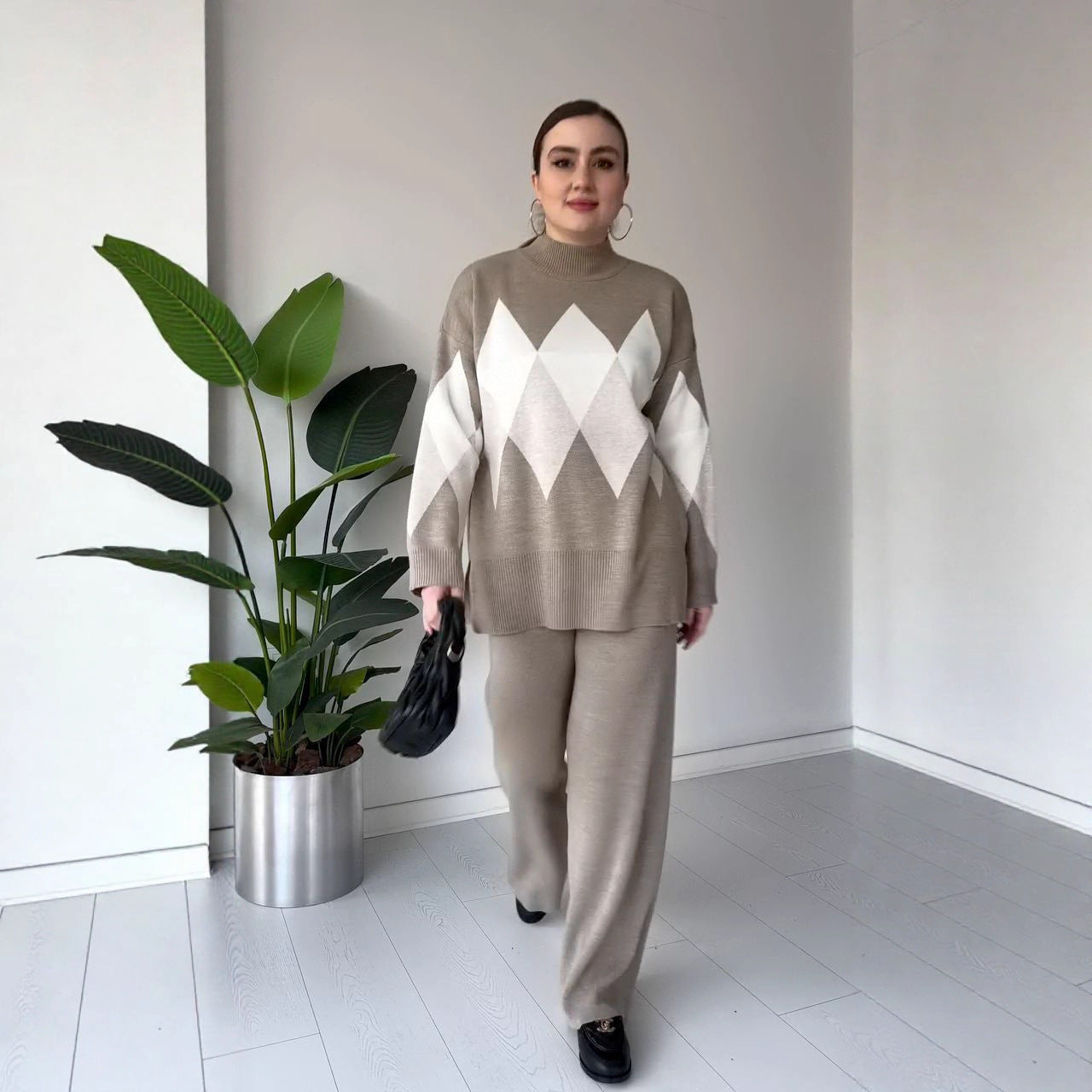 Women's Argyle Knit Sweater & Pants Two Piece Lounge Set
