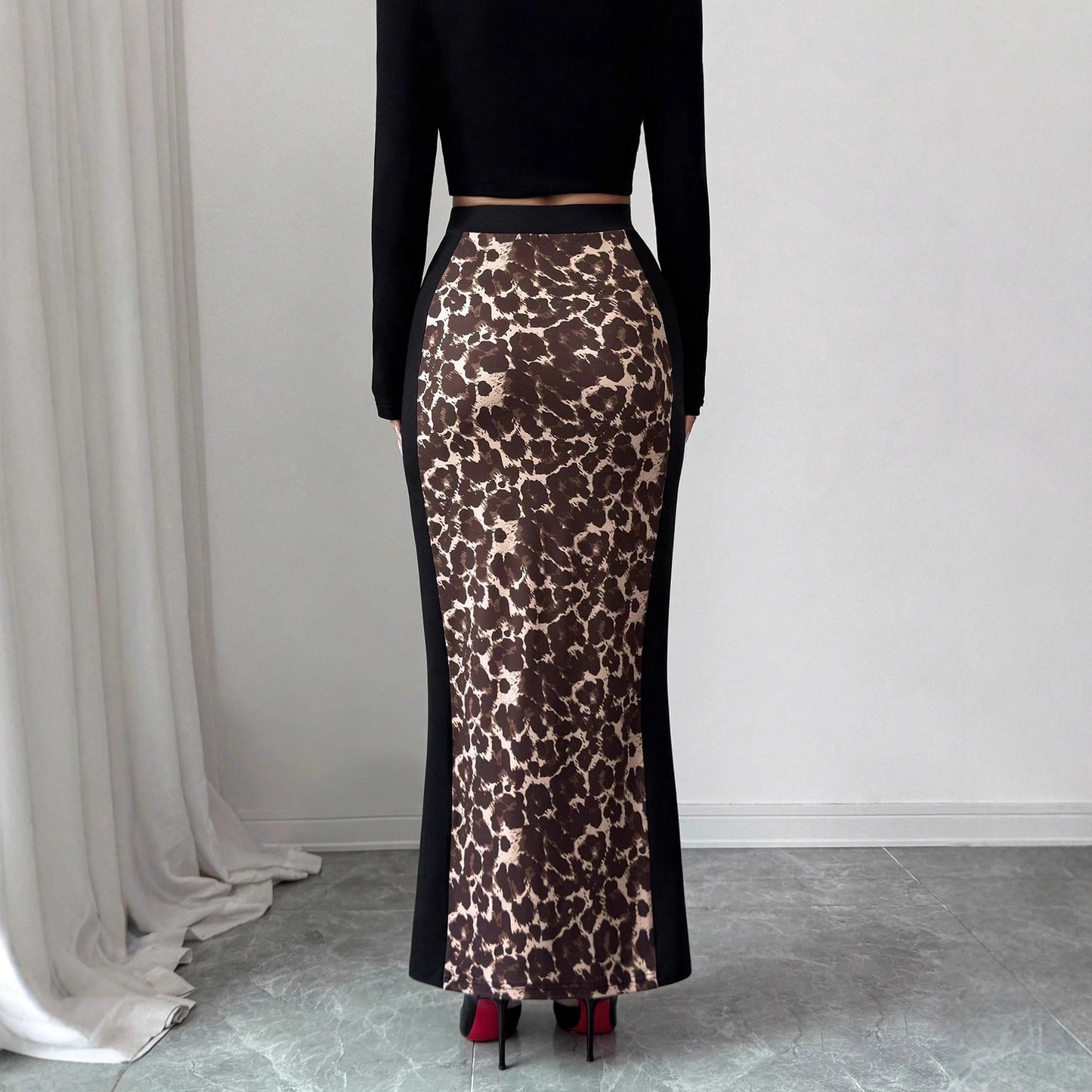 Leopard Print Colorblock Maxi Skirt High Waist Slit Skirt