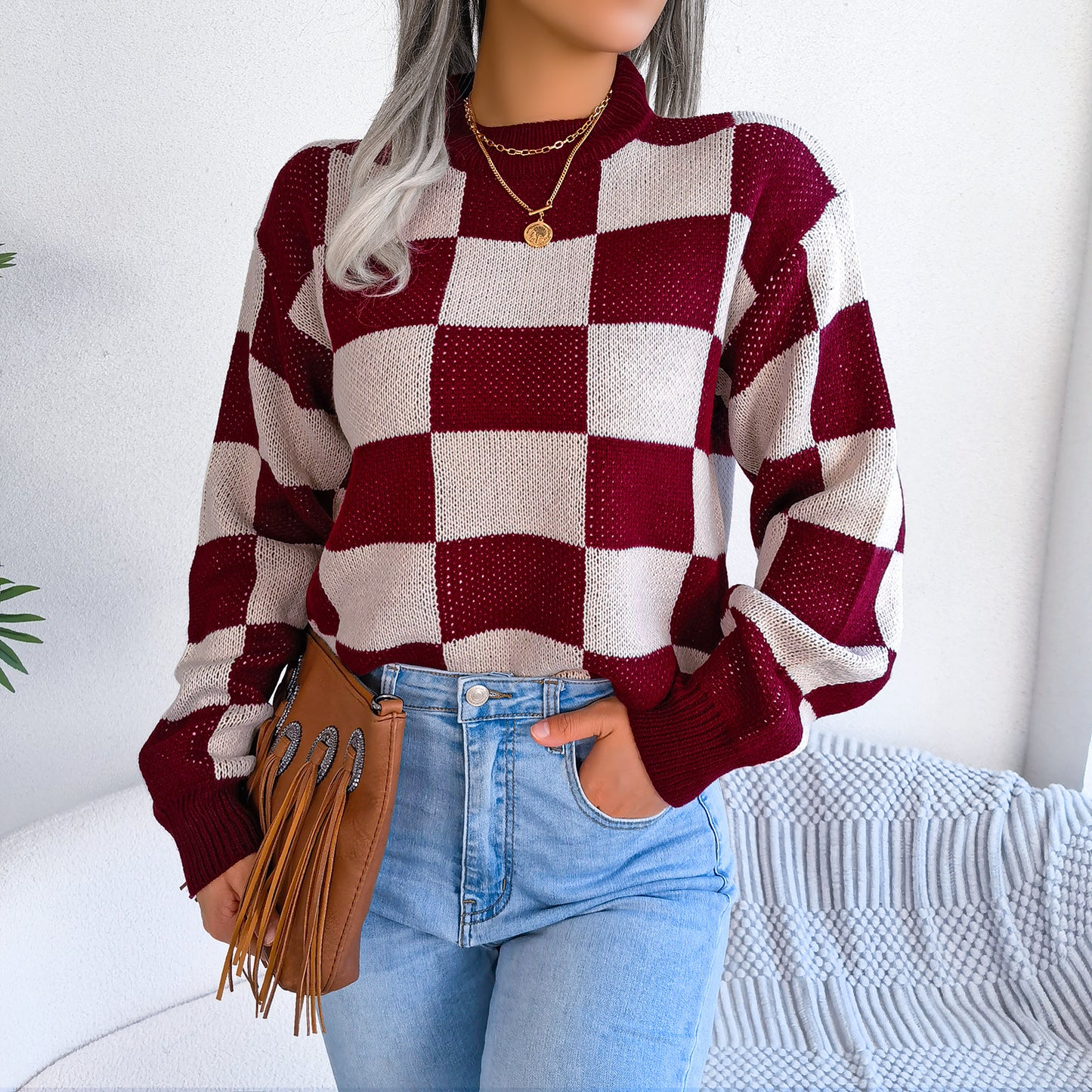 2025 Fall/Winter Colorblock Checkered Knit Sweater - Street Style