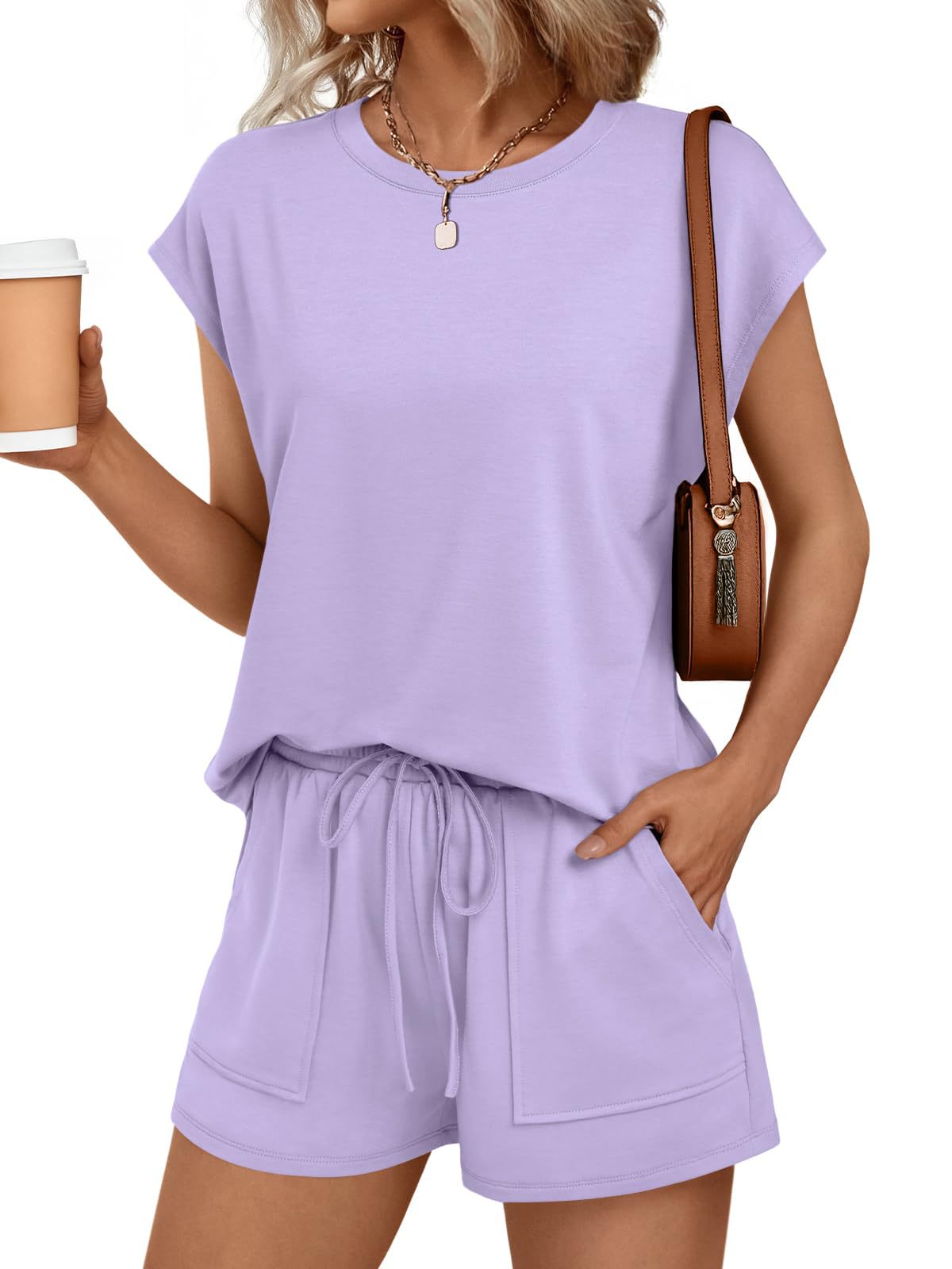 Solid Knit Shorts Set Crew Neck Pocket Lounge Outfit