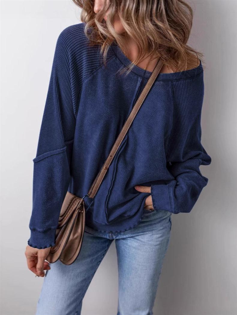 Oversized Patchwork Waffle Knit Crewneck Sweatshirt