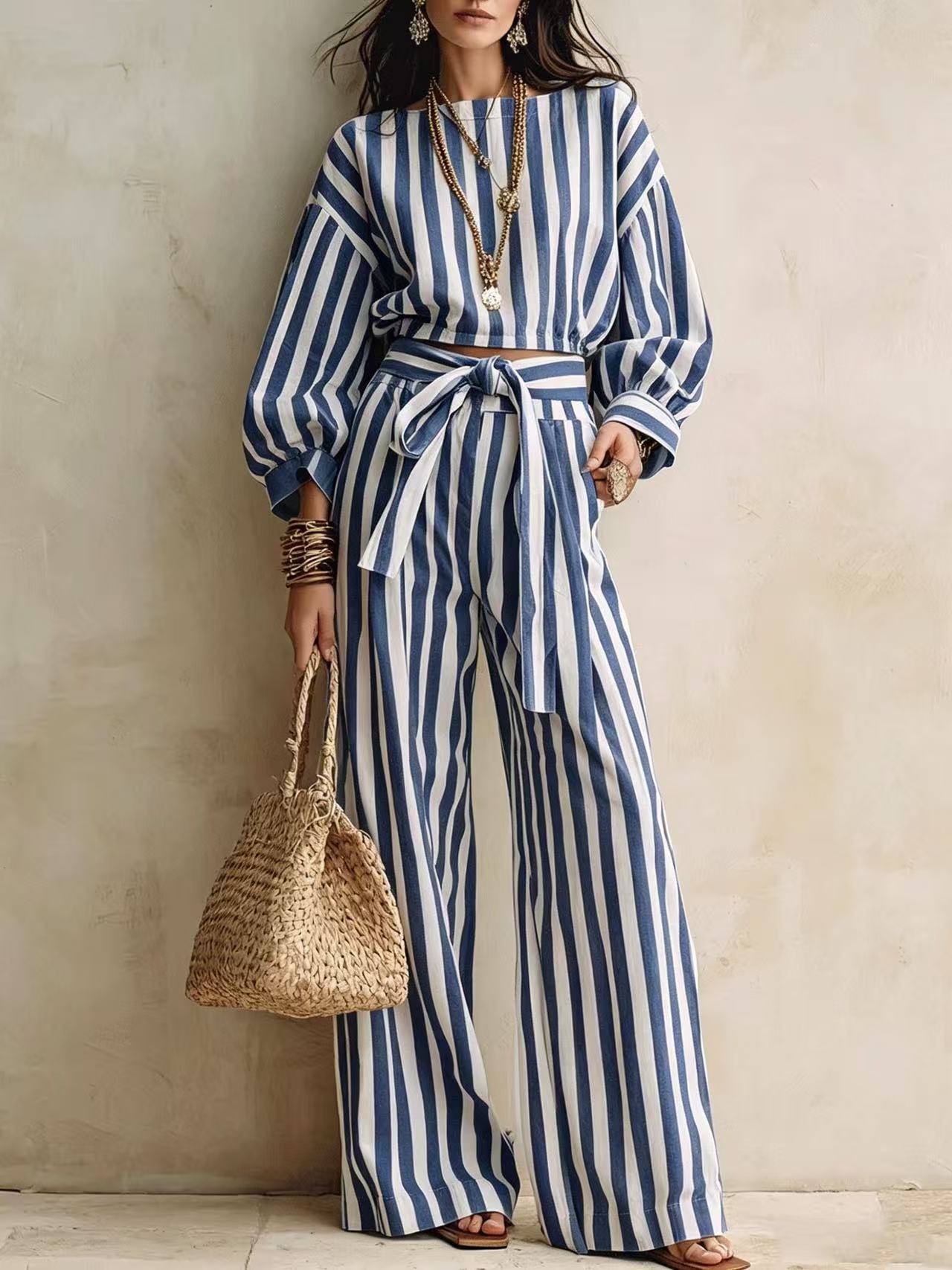 Striped Two Piece Crop Top Wide Leg Pants Set