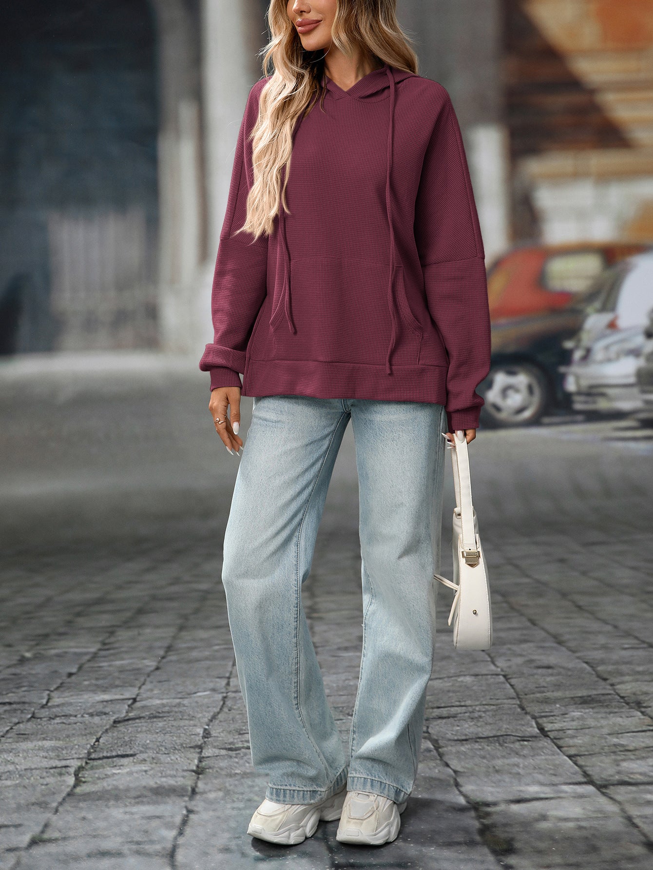 Women's Waffle Knit Hoodie Pullover – Casual Fall Essential
