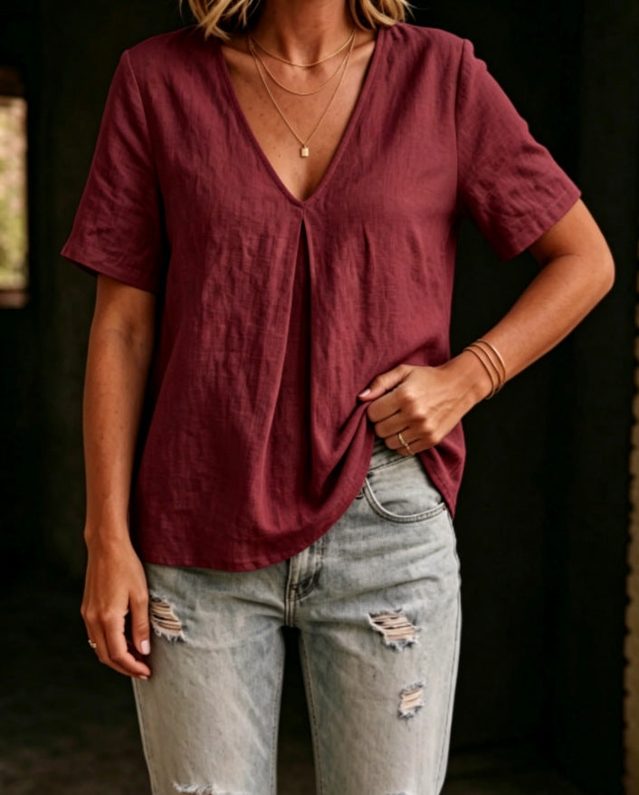 Women's Cotton Linen V-Neck Short Sleeve Casual Summer Top