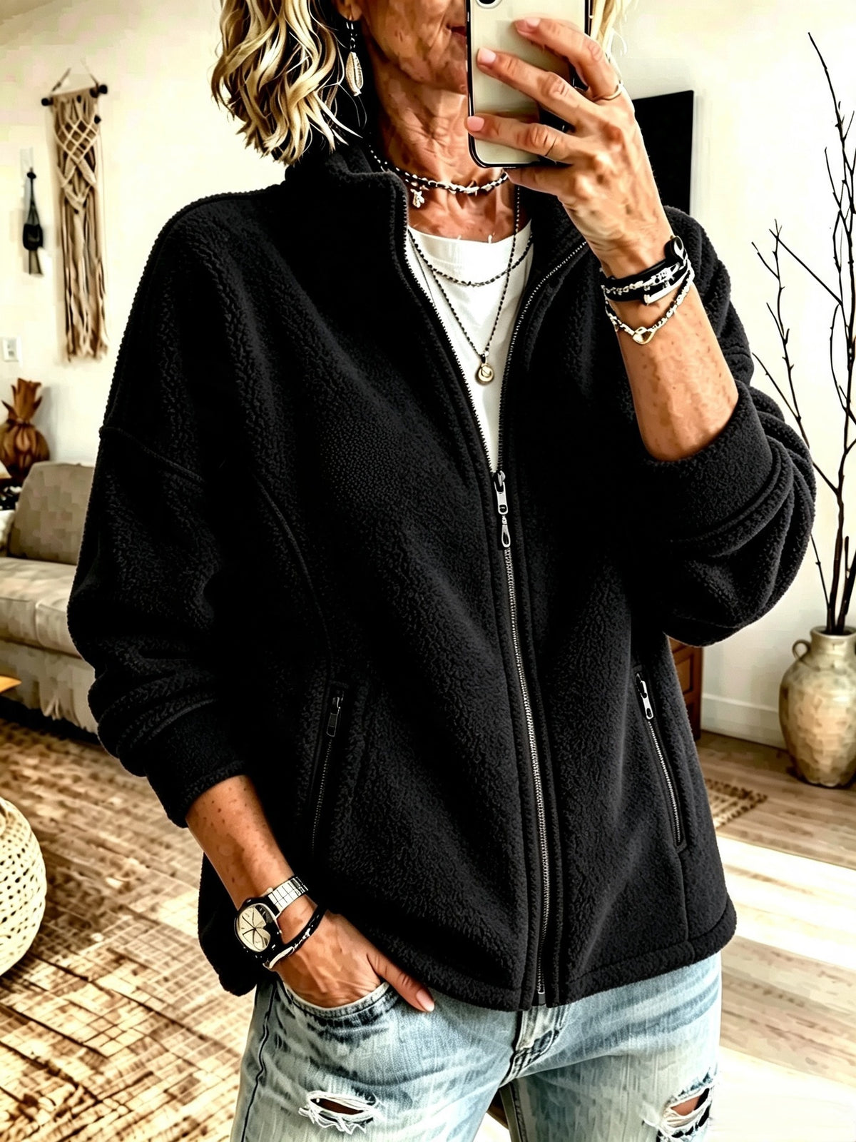 Women's Oversized Fleece Full Zip Jacket Stand Collar