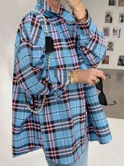 Women's Oversized Plaid Button Up Shirt Long Sleeve Pocket