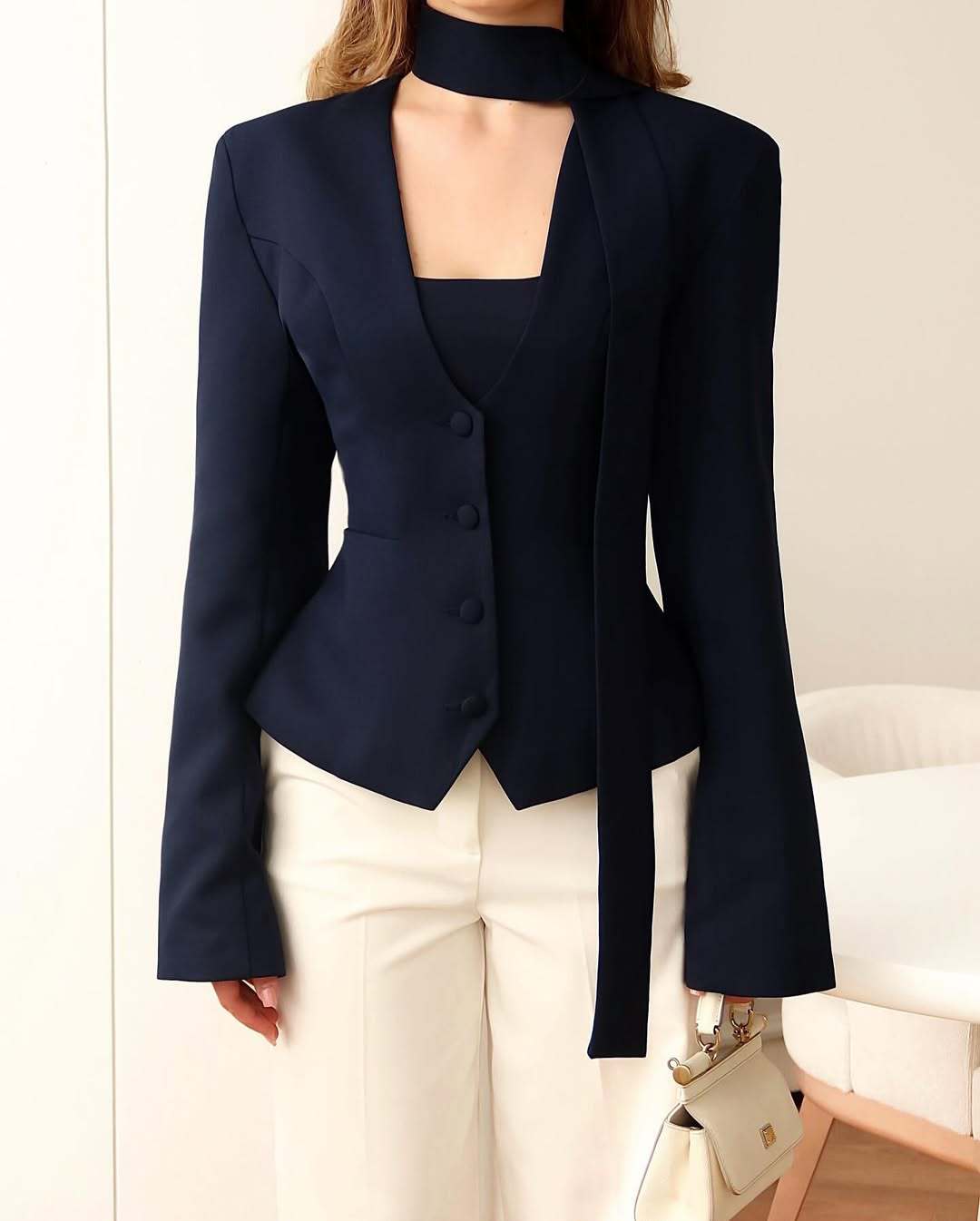 Women's V-Neck Fitted Long Sleeve Tie Blazer
