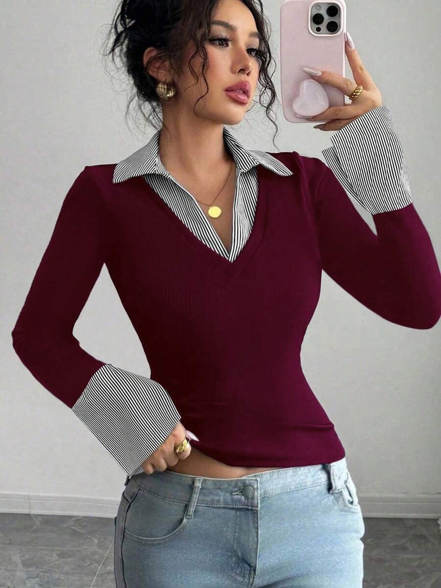 Faux Layered Collared Knit Top V Neck Long Sleeve Tee