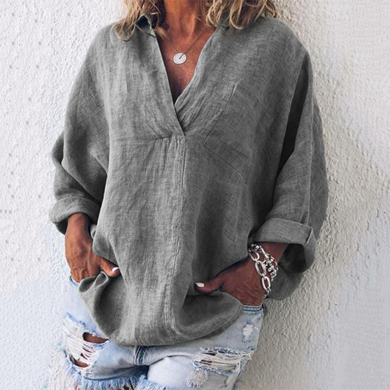 Women's Oversized V-Neck Long Sleeve Popover Blouse