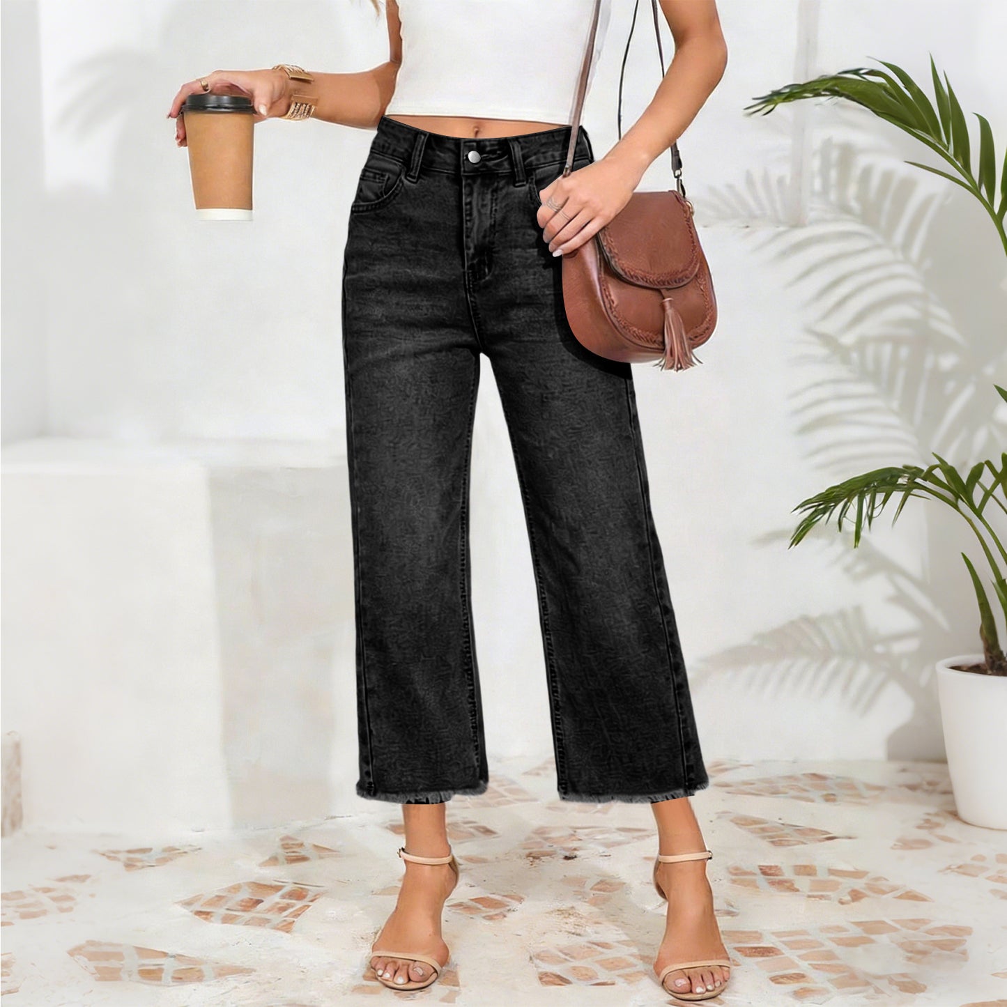 Women's High Waist Vintage Wash Stretch Cropped Jeans